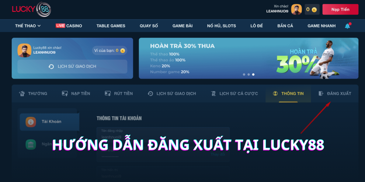 Hướng dẫn đăng xuất tại Lucky88