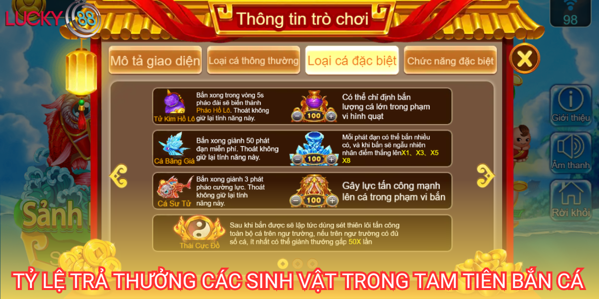 Các sinh vật trong Tam Tiên Bắn Cá có tỷ lệ trả thưởng khá cao so với mặt bằng chung trên thị trường