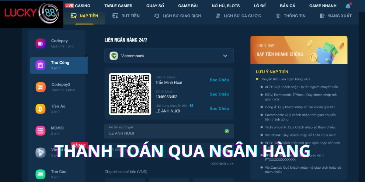 Thanh toán qua ngân hàng tại Lucky88